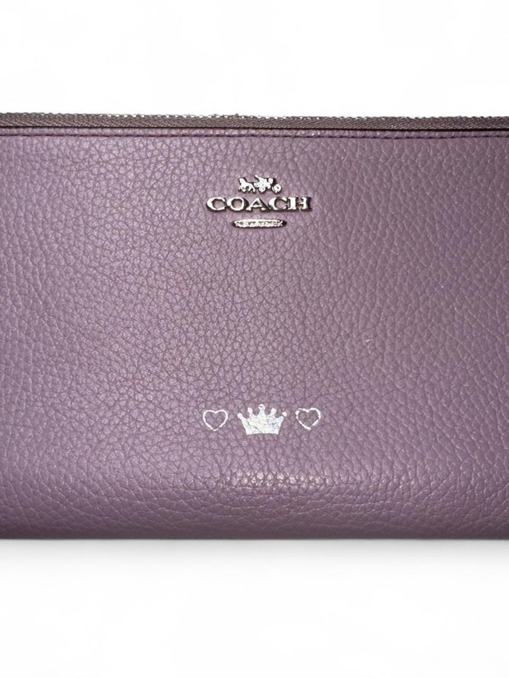 COACH Lilac Pebbled Leather Zip Wallet with Crown & Hearts